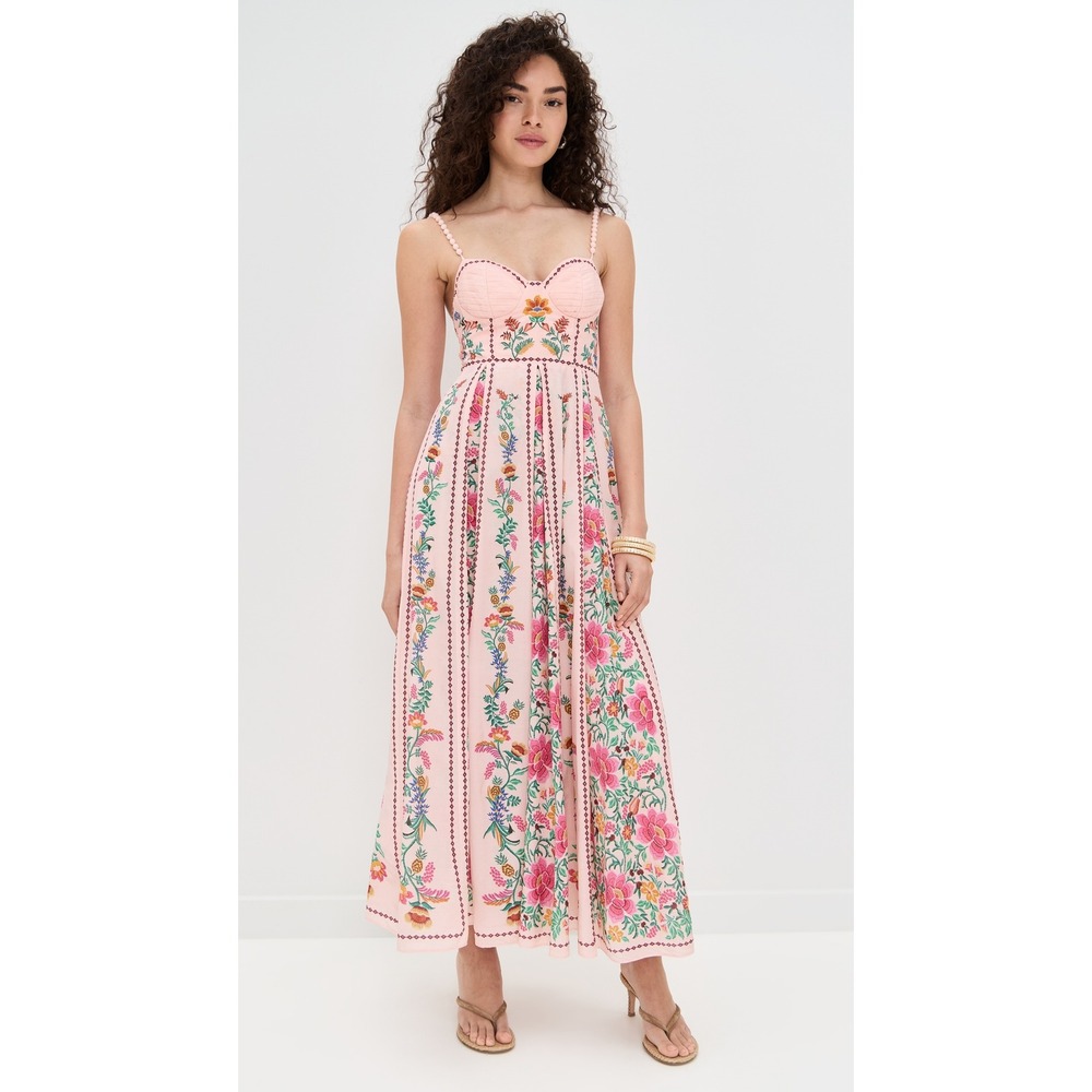 Farm Rio Delicate Forest Pink Maxi Dress Floral Print Sleeveless Women Sz XS